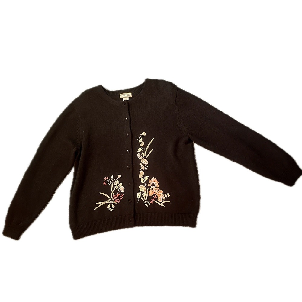 Vintage Black Floral Embroidered Cardigan Sweater Ramie Cotton L Cottagecore